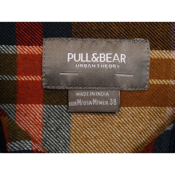 Pull & Bear Shirt Mens Medium Plaid Flannel Button Down Long Sleeve‎ Yellow Blue - Picture 3 of 6